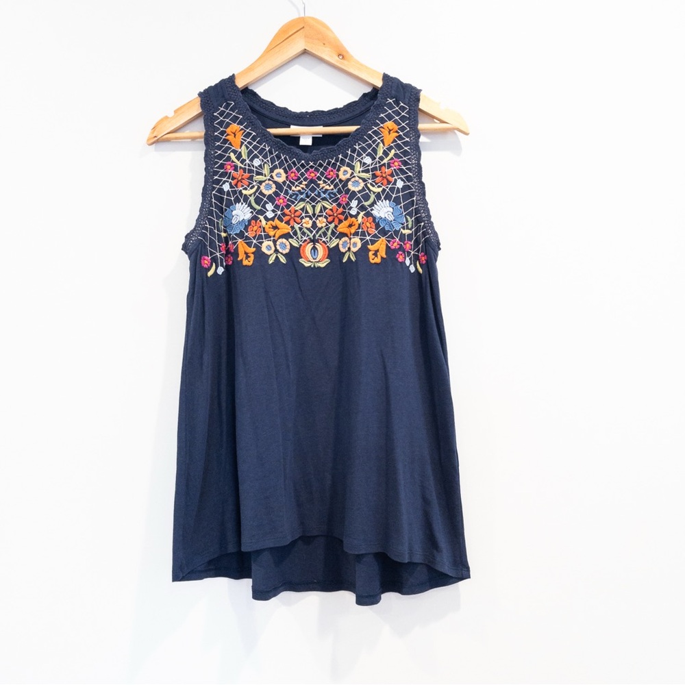 J. Jill Navy Blue Tank Top with Multicolor Floral Embroidery
